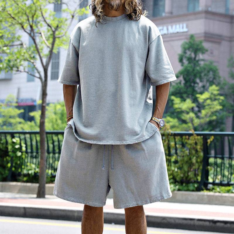 2pcs Loose Sports Shorts Set Suits Summer Round Neck Short Sleeve T-shirt And Drawstring Pockets Shorts Casual Solid Color Set Mens Clothing - Clothing Personality