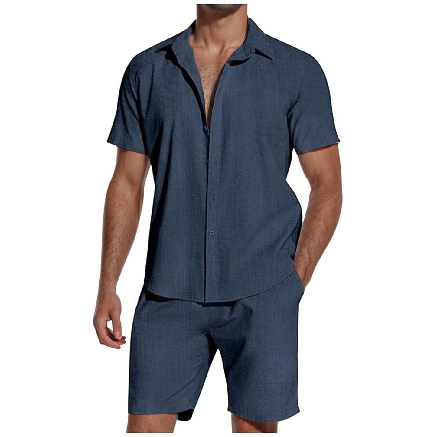 Short Sleeve Lapel Linen Shirt and Shorts Set Men - Clothing Personality
