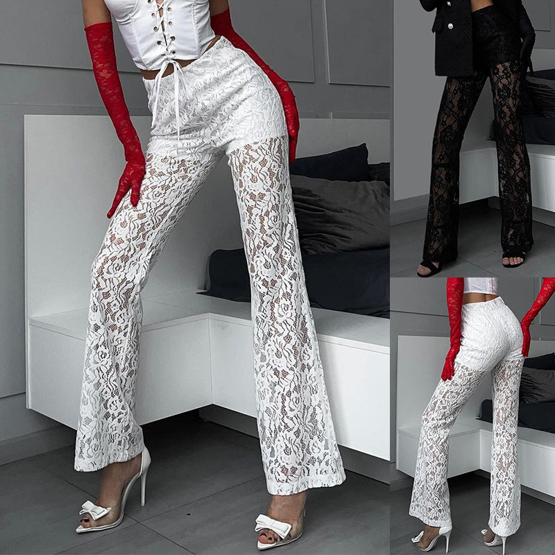 Ins Sexy Lace Straight Trousers Fashion Casual High Waist Pants Women's Clothing Personality