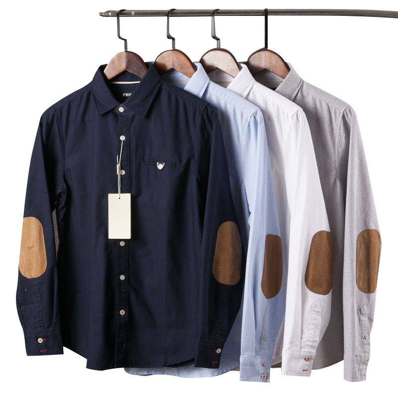 Set of Men's Collared Long Sleeve Color Block Shirt Elbow Patch Long Sleeve Shirt Men's Retro