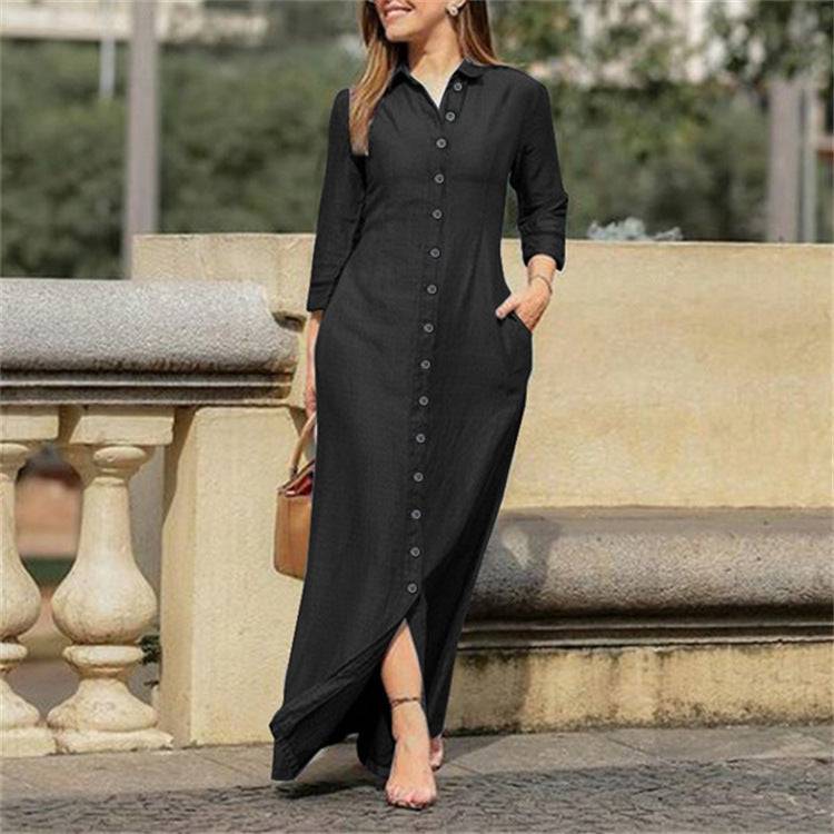 Women's Collar Solid Blue Button Maxi Dress - Clothing Personality