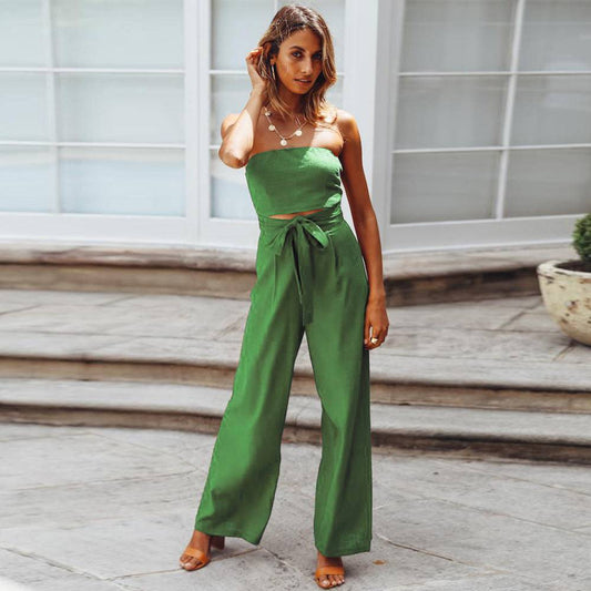 Women's New Tube Top Off-Shoulder Sleeveless Belted Cut Out Waist Loose Fit Pants Casual Fashion Jumpsuit - Clothing Personality
