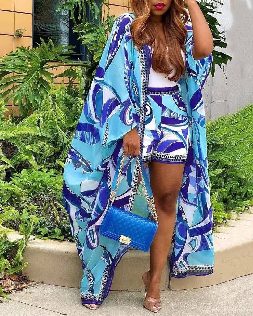 Colorful Printed Kimono Shorts Set Suit For Women - Clothing Personality