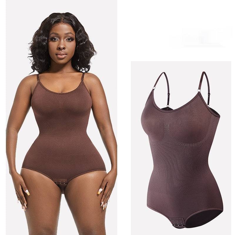Close-up of beige body shaping bodysuit fabric showing smooth texture and full design