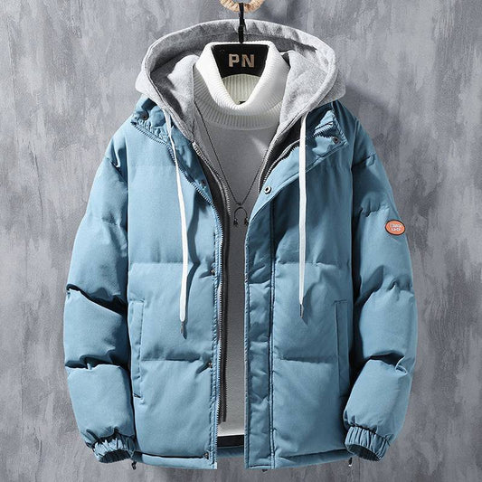 Fashion Hooded Jacket Men Winter Windproof Thickened Fake Two-piece Coat Solid Leisure Sports Cotton Jacket - Clothing Personality