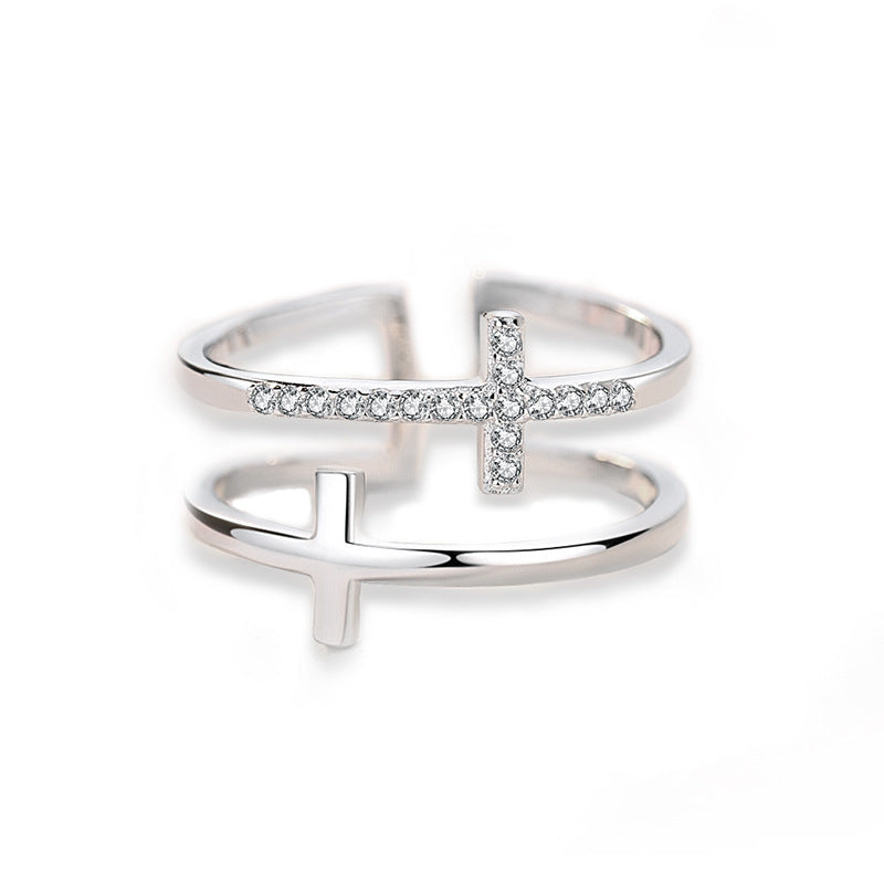 Double Cross Miniature Copper Inlaid Zircon Ring - Clothing Personality