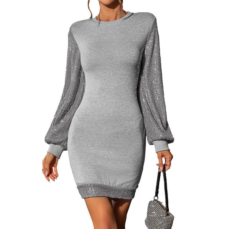 Women's Sequin Arms Mini Dress Party Night Out Date Night Dress Leisure Mid-length Pullover - Clothing Personality