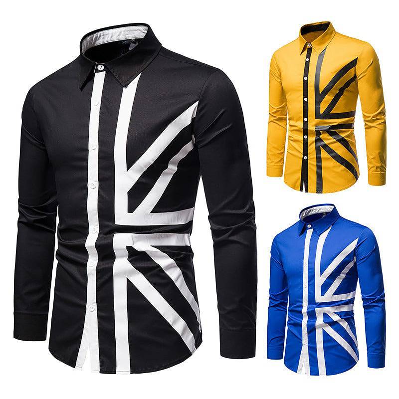 Men's Diagonal Striped Trendy Long-Sleeved Collared Shirt Western Denim Shirt - Clothing Personality