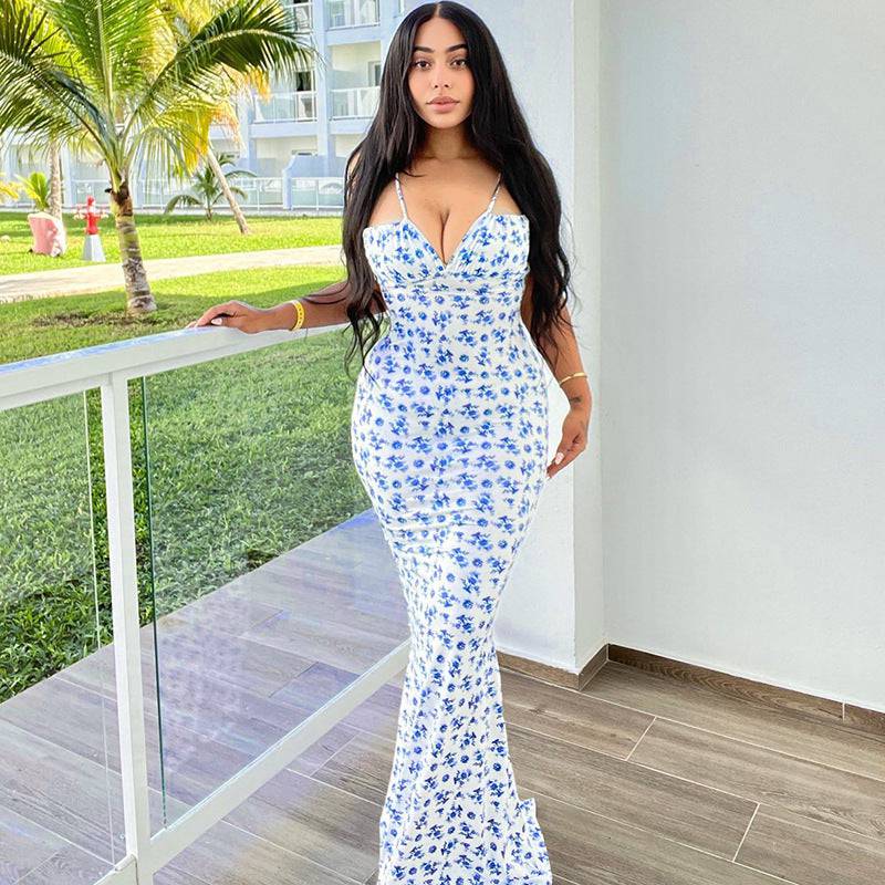 Fashion Flowers Print Spaghetti Strap Sundress Maxi Dress Summer Lace-up Slim Backless Dress For Women - Clothing Personality