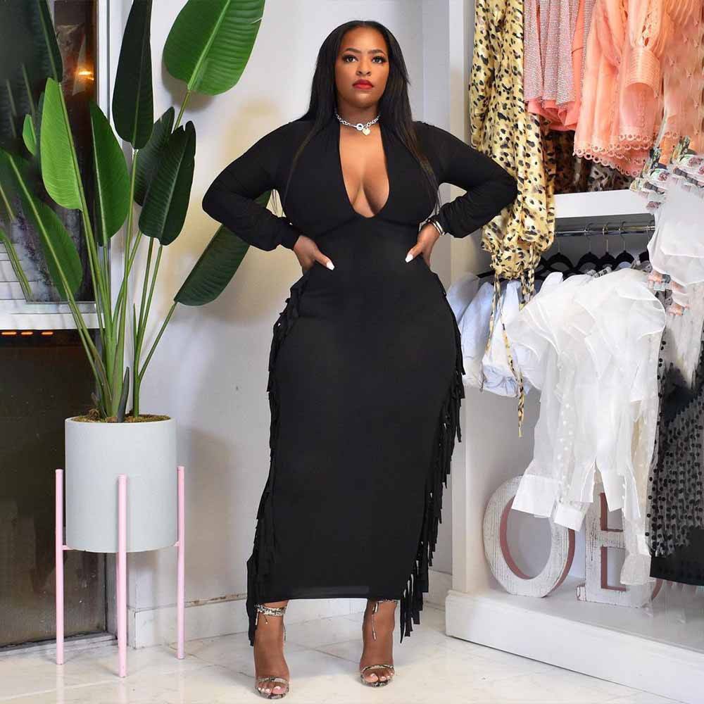 Plus Size Sexy Deep V Fringed Dress - Clothing Personality