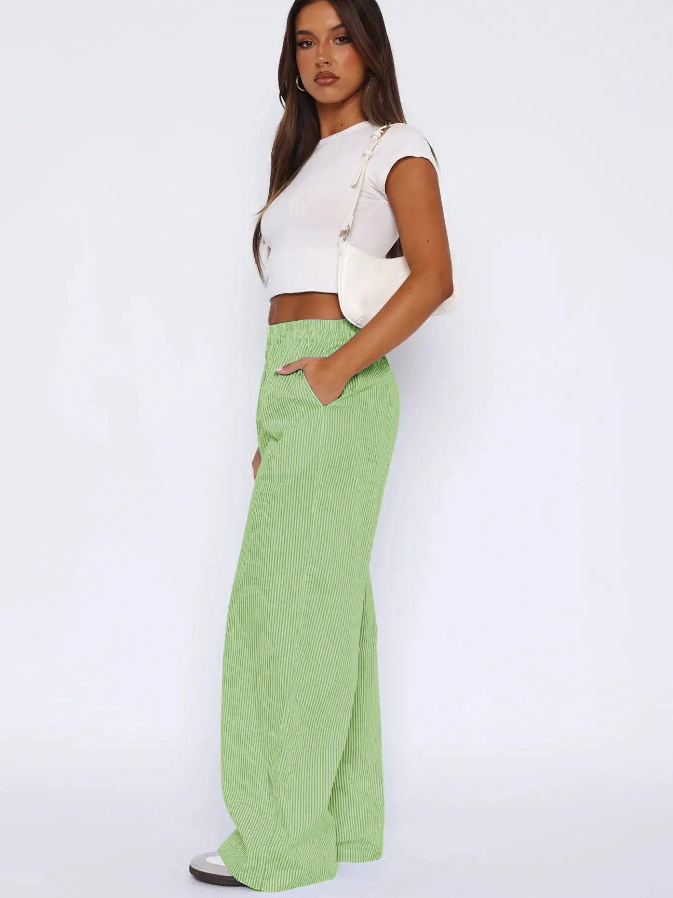 Women's Fashion Casual Striped Pants Trousers Striped Printed Wide Leg Trousers - Clothing Personality
