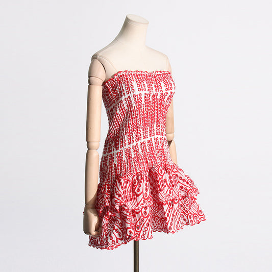 Y2K Tube Top Pleated Dress Ins Fashion Print A-line Short Dresses For Beach Party Clothing Women - Clothing Personality