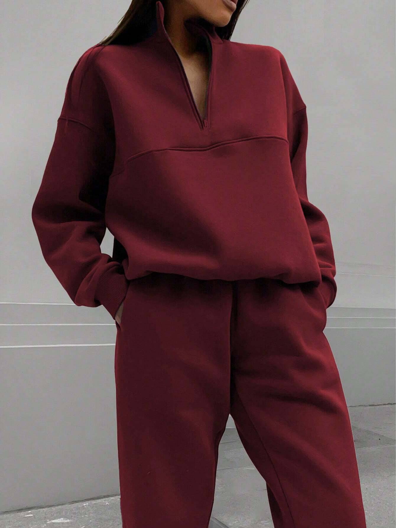 Zipper And Lapel Solid Color Casual Two-piece Suit - Clothing Personality
