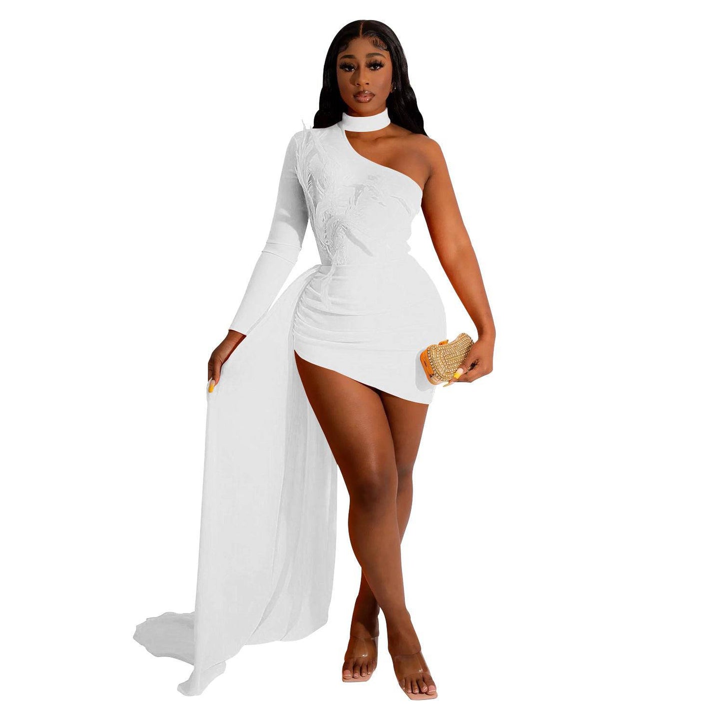 Women's Long Sleeve Sloping Shoulder White Dress - Clothing Personality
