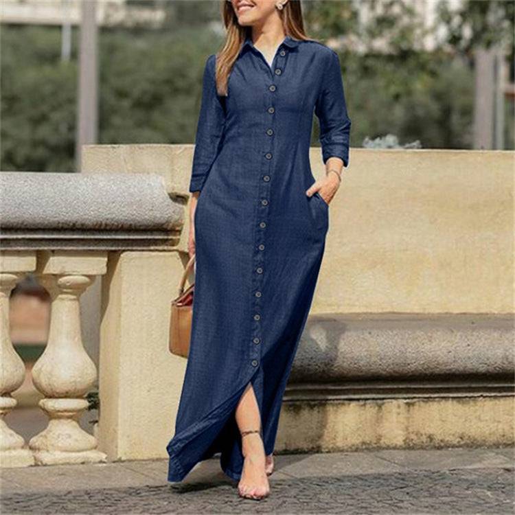 Women's Collar Solid Blue Button Maxi Dress - Clothing Personality