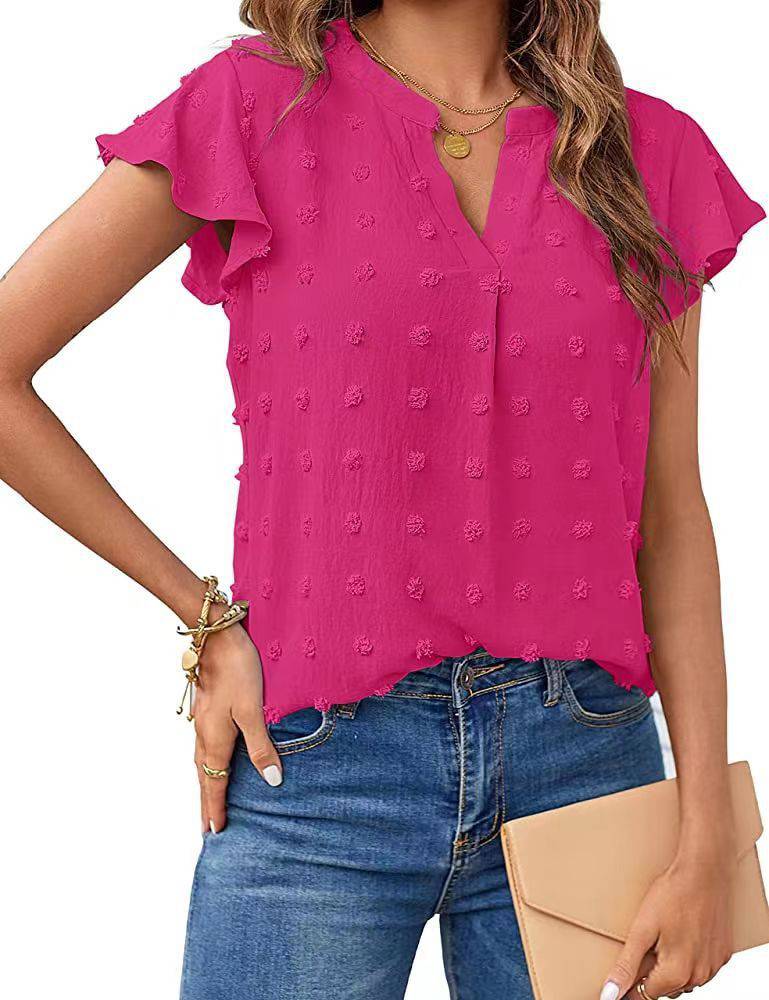 Women's Spring Summer V-Neck Ruffle Short Sleeve Blouse Dot Flowy Shirt Top - Clothing Personality