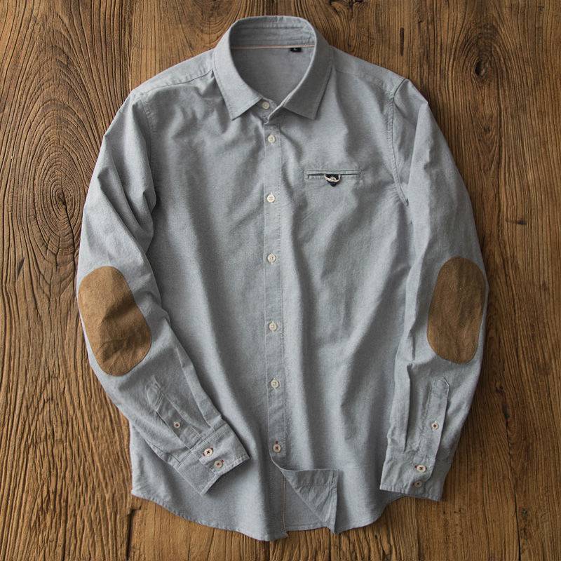 Men's Oxford Collar Button Up Long Sleeve Shirt Color Block Shirt Elbow Patch Business Casual Shirt Men's Retro in Gray