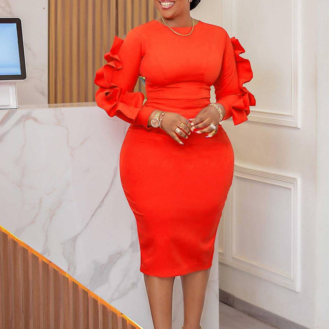 Women's Cut Out Hollow Sleeve Ol Elegant Dress Plus Size Long Sleeve Dress - Clothing Personality