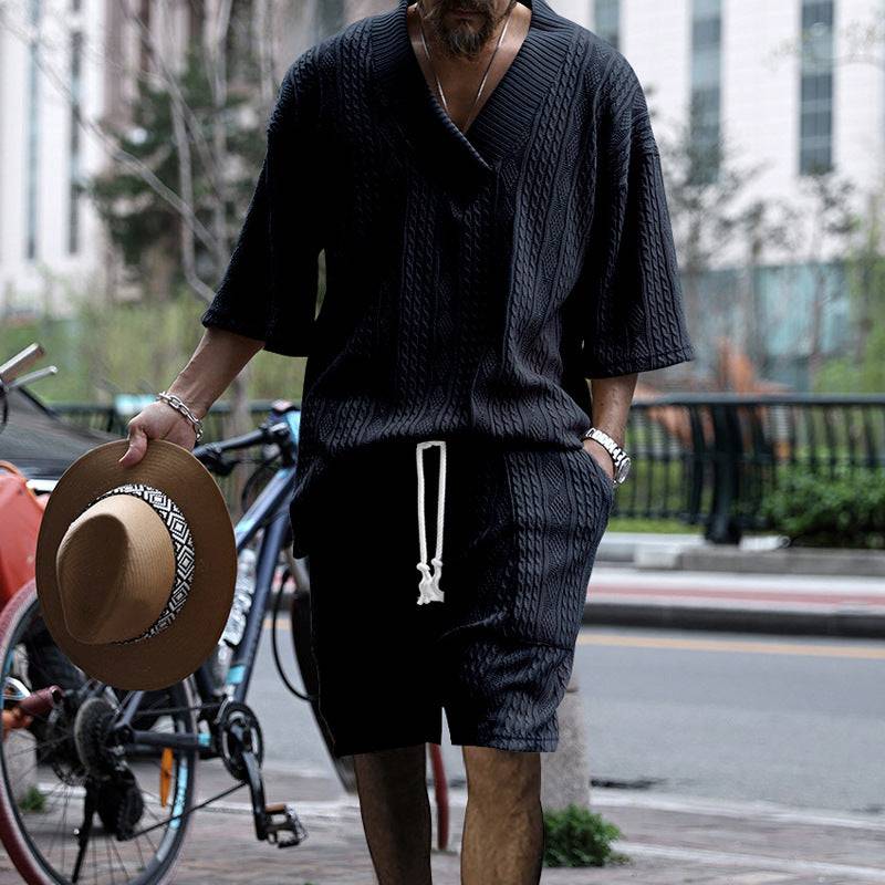Casual Jacquard Suits Summer V-neck Short-sleeved T-shirt And Drawstring Pocket Shorts Fashion 2pcs Set Mens Clothing - Clothing Personality
