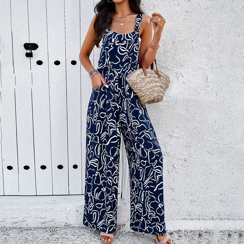 Fashion Print Square Neck Jumpsuit With Pockets Spring Summer Casual Loose Overalls Womens Clothing - Clothing Personality