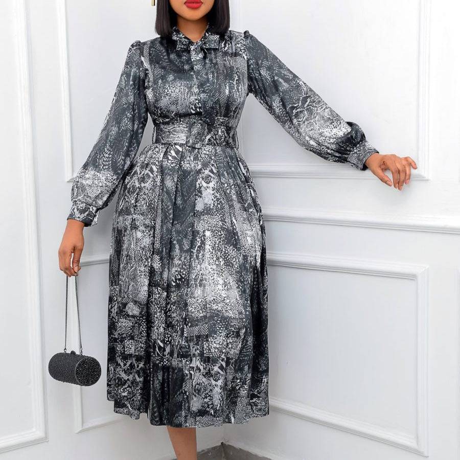 Women's Long Sleeve Skirt High Waist Print Plus Size Banquet Dress - Clothing Personality