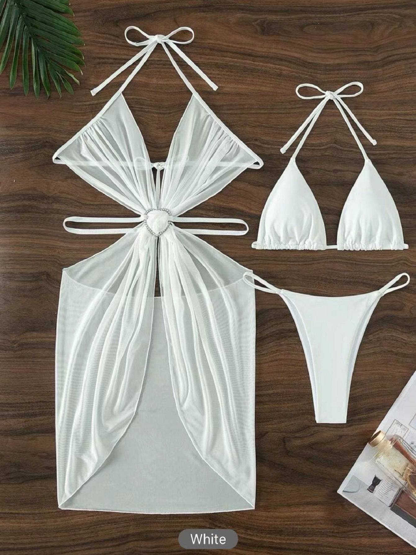 3pcs Halter Neck Bikini Beach Summer Solid Color Split Swimsuit Womens Clothing - Clothing Personality