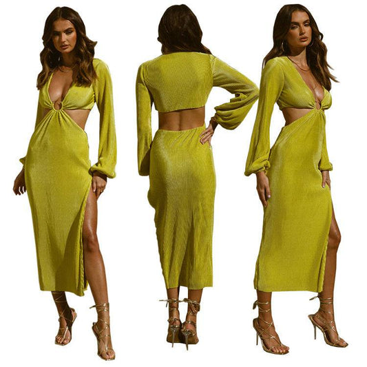 Women's Hollow Out Cut Out Waistless Long Sleeve Dress Fashion Pleated Women's Dresses - Clothing Personality