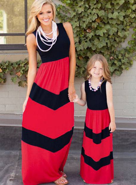 Women's and Child's Red Striped Sleeveless Maxi Dress Parent-Child Matching Outfit - Clothing Personality
