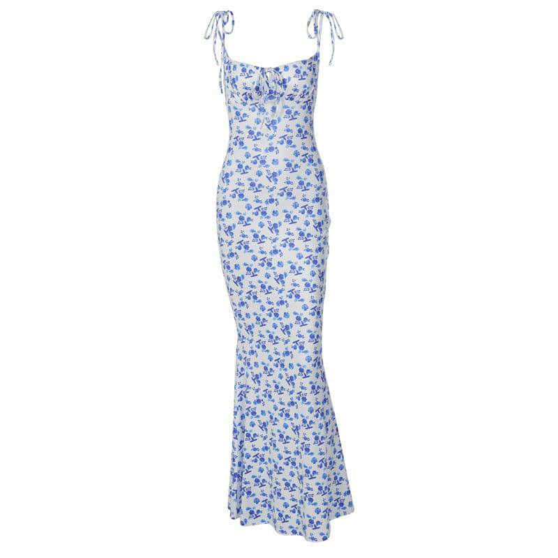 Fashion Flowers Print Spaghetti Strap Sundress Maxi Dress Summer Lace-up Slim Backless Dress For Women - Clothing Personality