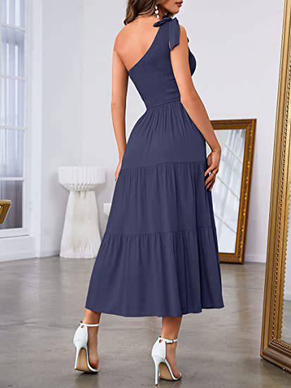 New Summer Fashion Women's One-shoulder Pleated Layered Hem Split Dress - Clothing Personality