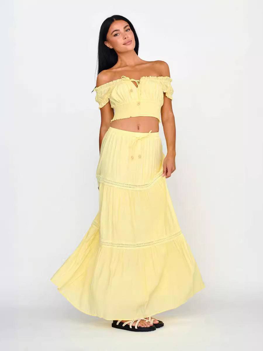 Women's Yellow Boho Two-Piece Top and Bottom Cropped Lace-up Top Flowy A-line Tiered Layered Ruffle Hem Pilgrim Skirt Matching Fashion Set Suit Clothing Personality