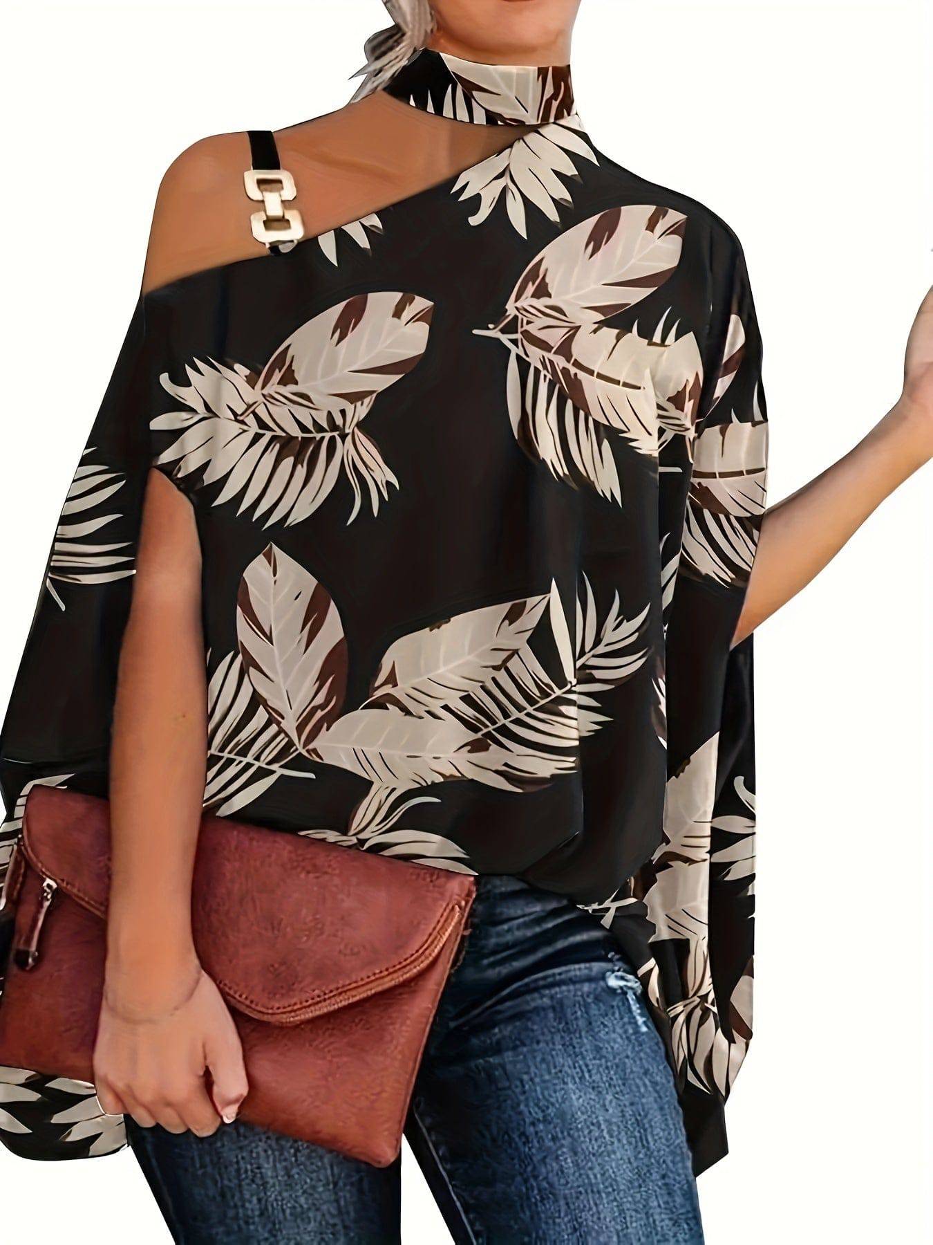Leaves Print One Shoulder Blouse, Elegant Chain Strap Mock Neck Short Sleeve Blouse For Spring & Summer, Women's Clothing - Clothing Personality