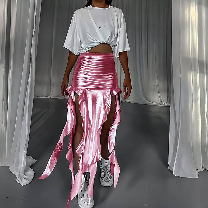 European And American Ribbon Tassel Reflective PU Fishtail Skirt Micro Elastic Irregular - Clothing Personality