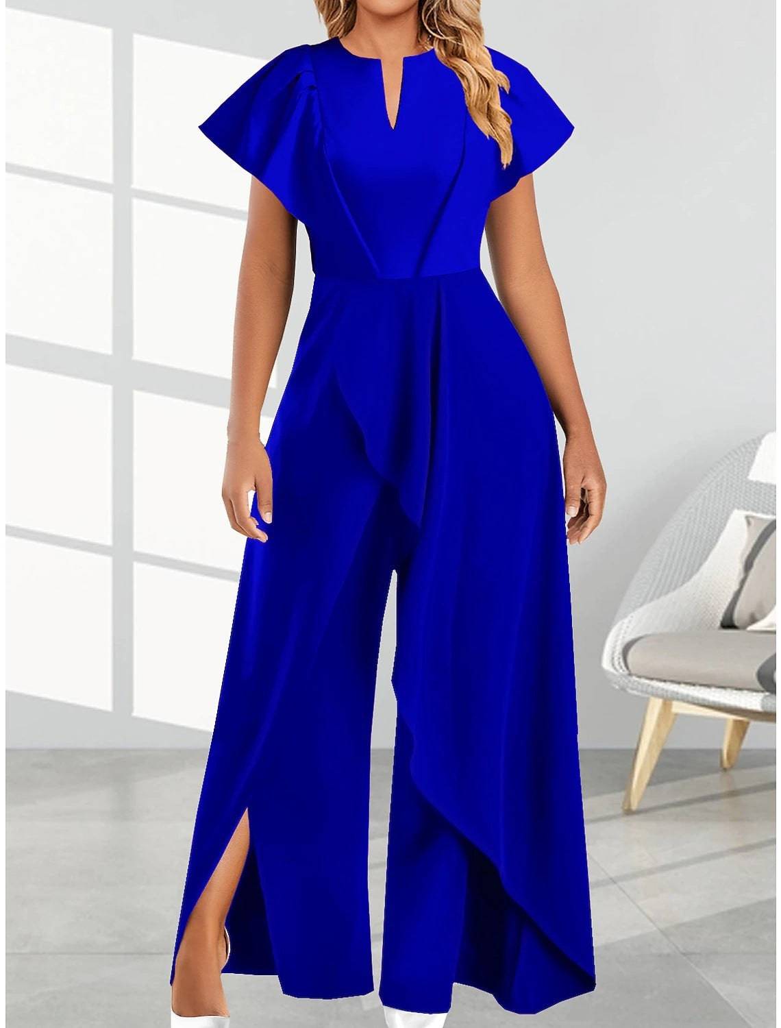Women's V-neck Split Leg Asymmetrical Flowy Wide-leg Jumpsuit Romper - Clothing Personality