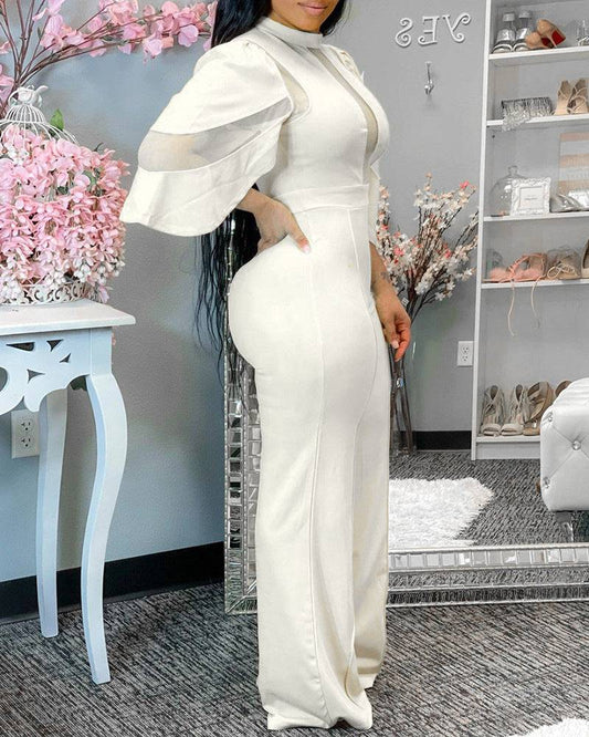 Women's Peekaboo Short Sleeve Classic Solid Color Slant Collar Buttoned One-piece Jumpsuit Wide-leg Pants White