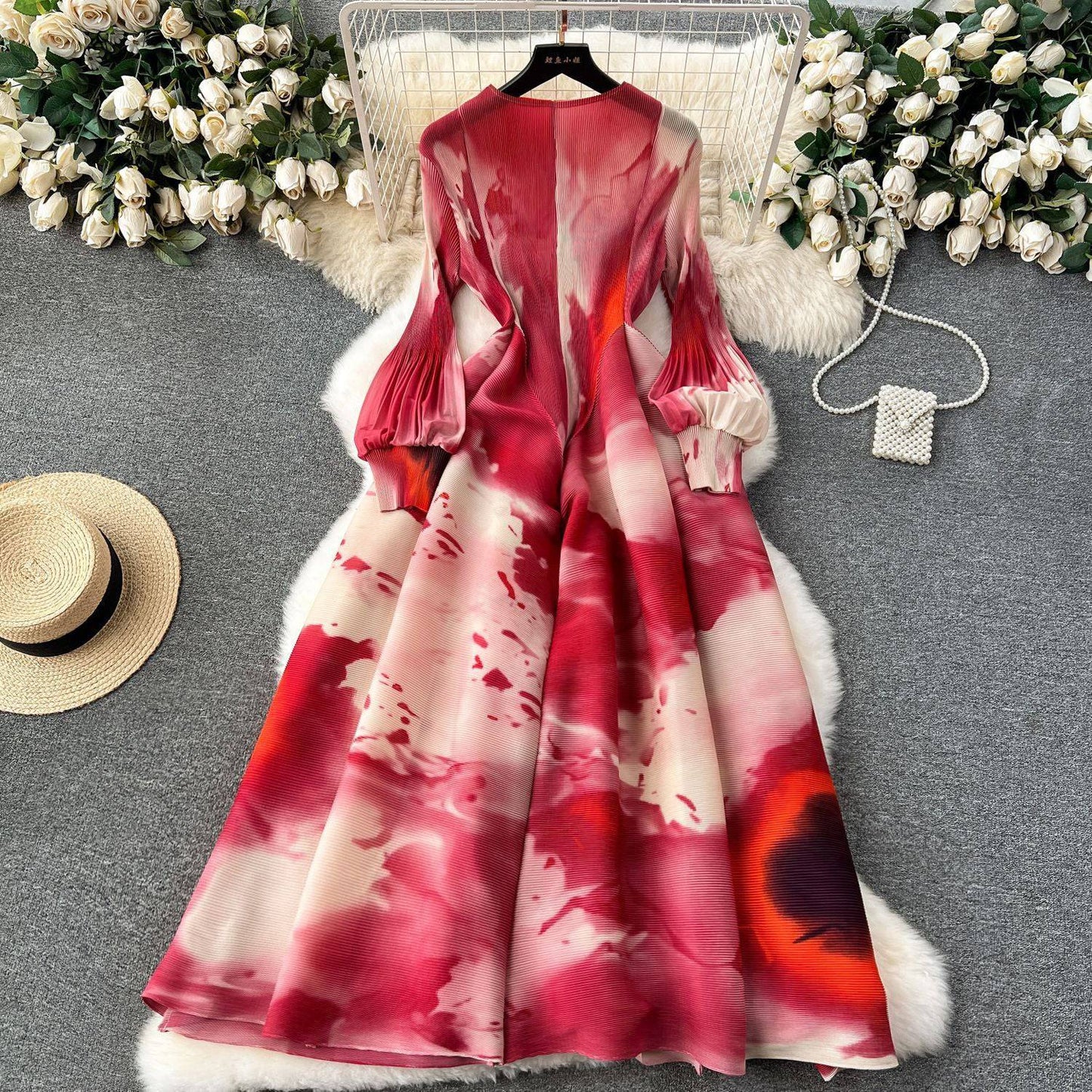Elegant Design Printed Long Sleeve Cinched Plus Size Dress - Clothing Personality