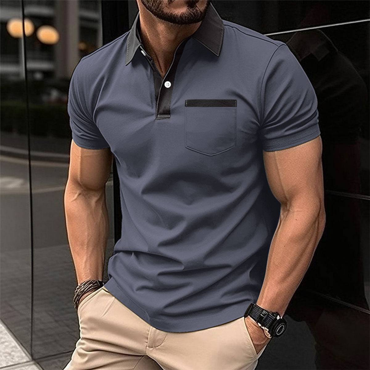 Men's Lapel Fashion Slim Pocket Short-sleeved T-shirt Polo Shirt - Clothing Personality