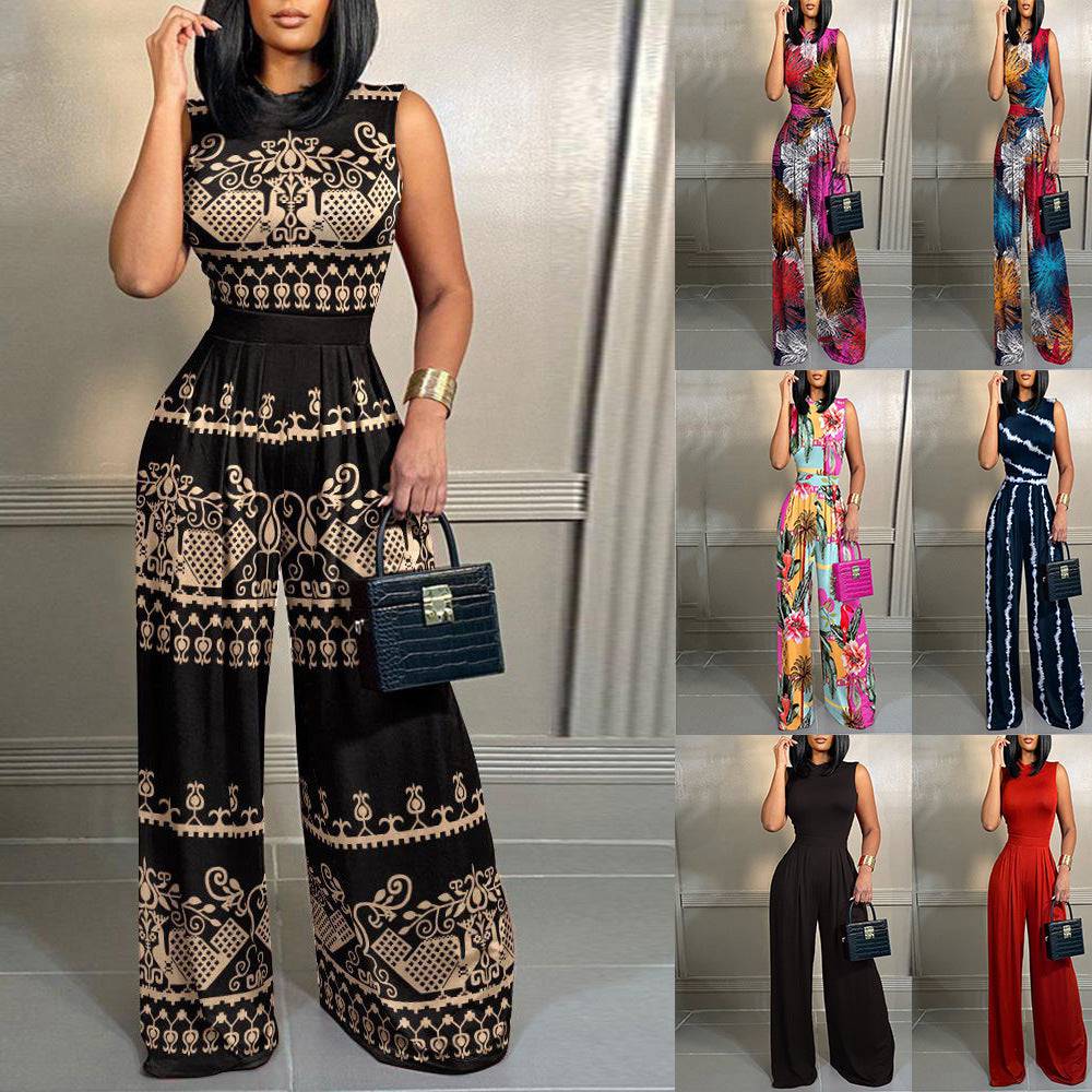 Spring Leisure Slim Print Sleeveless Women's Jumpsuit - Clothing Personality