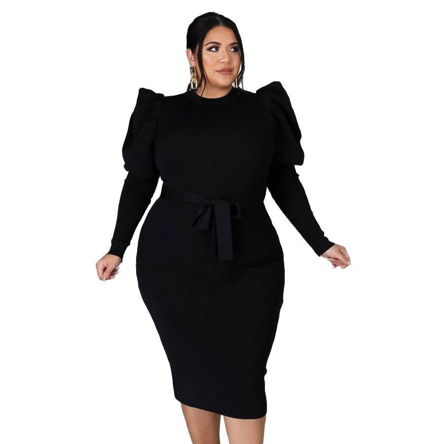 Women's Long Sleeve Belt Slim Fit Plus Size Dress - Clothing Personality