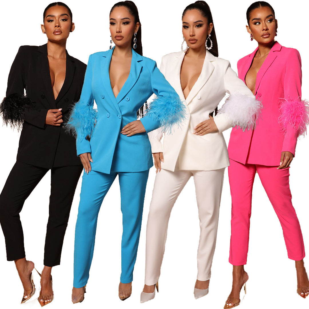Women's Ostrich Fur Two-piece Lapel Pants Suit - Clothing Personality