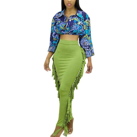 Casual High Waist Pleated Mid-length Fringed Skirt - Clothing Personality