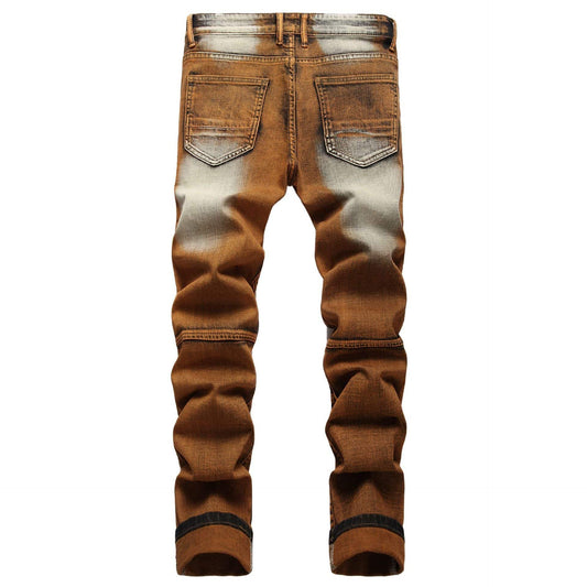 Motorcycle Pants Stretch Zipper Decorations Dyed Personalized Fashion Skinny Jeans - Clothing Personality