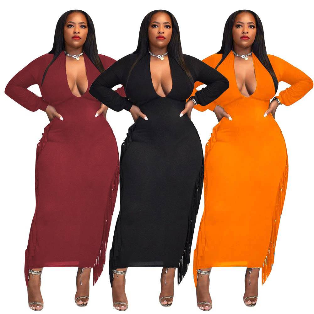 Plus Size Sexy Deep V Fringed Dress - Clothing Personality
