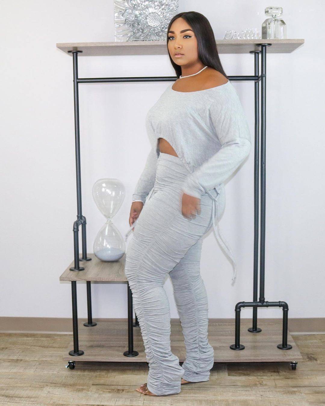 Women's Plus Size Round Neck Pleated Drawstring Long Sleeve Trousers Suit - Clothing Personality