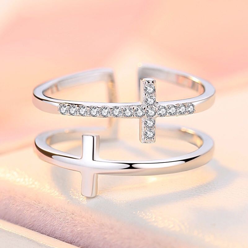 Double Cross Miniature Copper Inlaid Zircon Ring - Clothing Personality