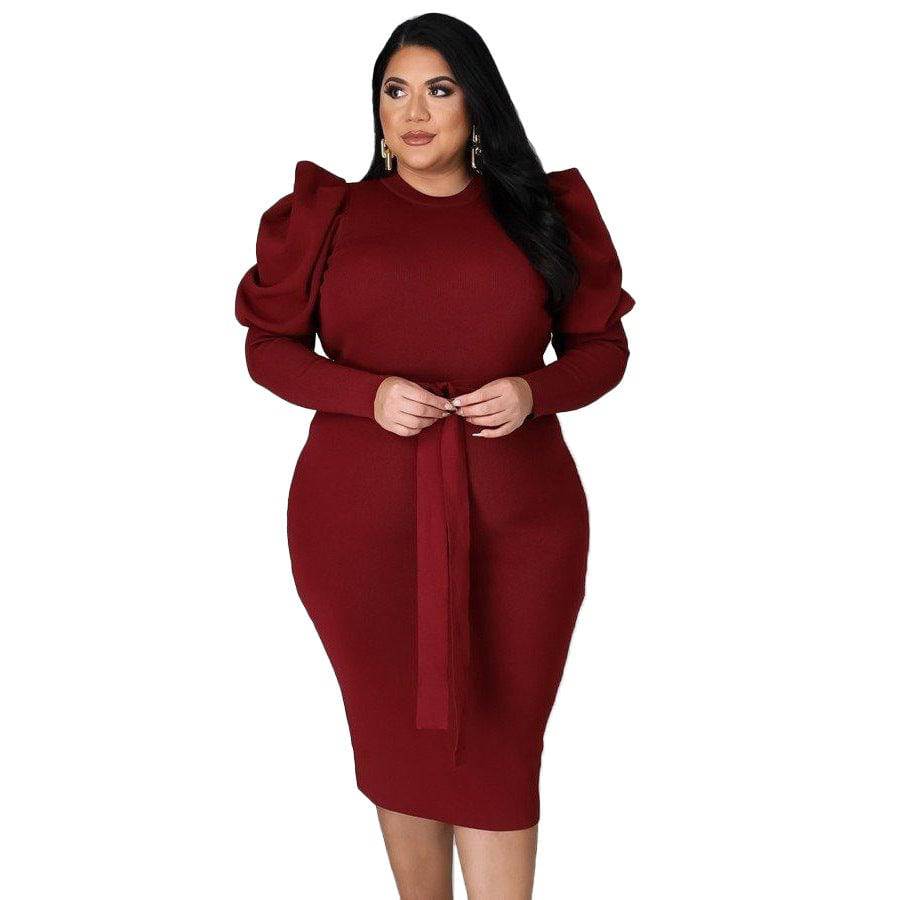 Women's Long Sleeve Belt Slim Fit Plus Size Dress - Clothing Personality