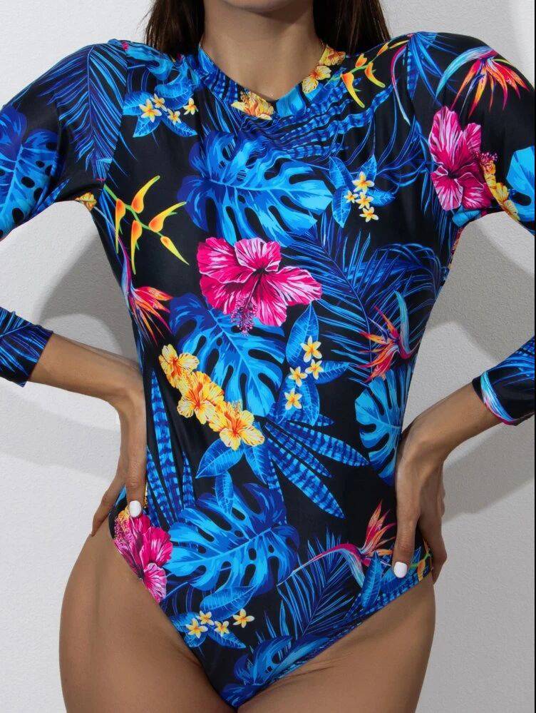 Women's Fashion Conservative Printed Long Sleeve One-piece Swimsuit - Clothing Personality