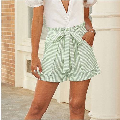 Women's Belted Loose Fit Striped Casual Shorts For Women - Clothing Personality