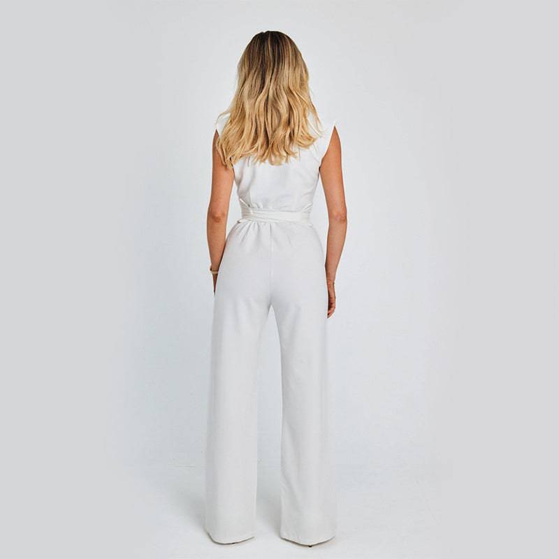 Fashion Elegant Long Sleeveless Jumpsuit Summer V-neck Casual Wide Leg Long Overalls Clothing For Women - Clothing Personality