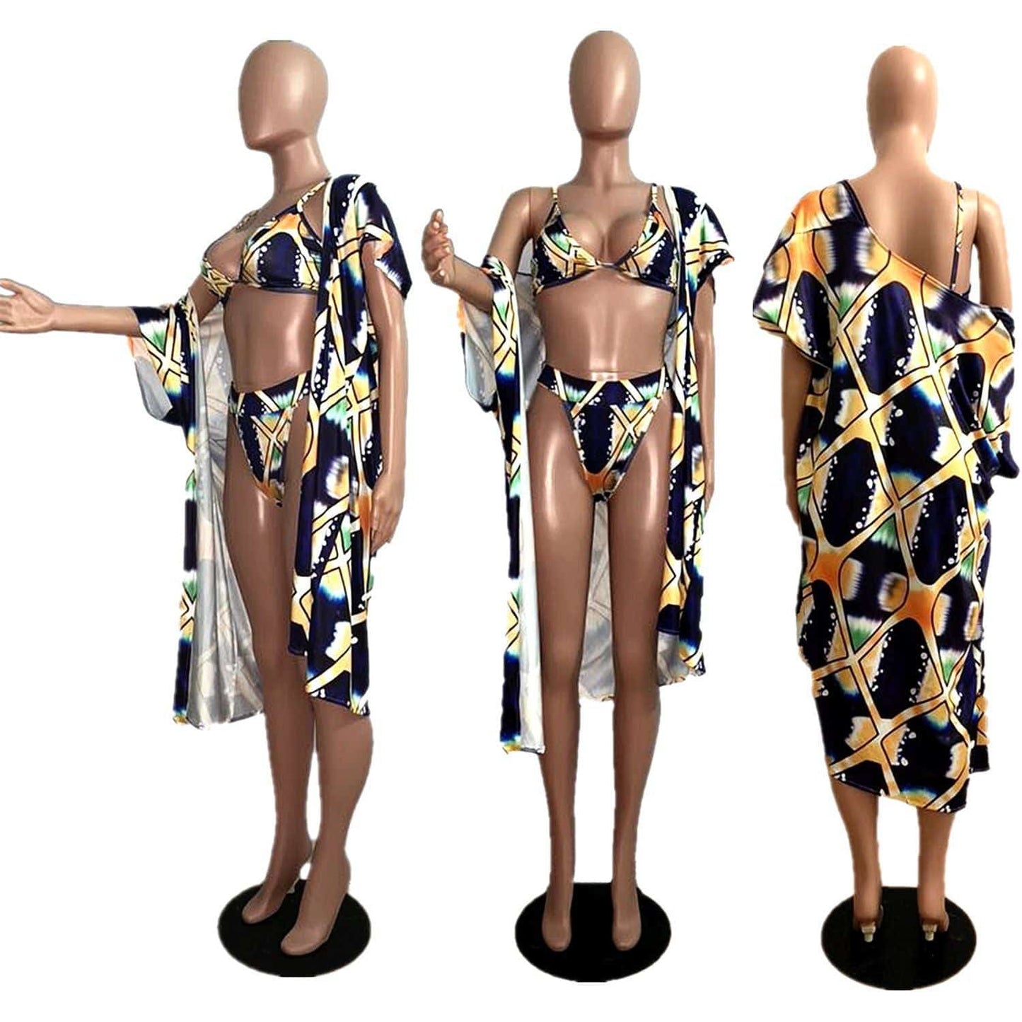 Women's High Waist Three-Piece 3-Piece Tie-Dye Bikini Set Top and Bottom Swimcover Swimwear Digital Print Cardigan Long Sleeve Blouse Short Sleeve - Clothing Personality